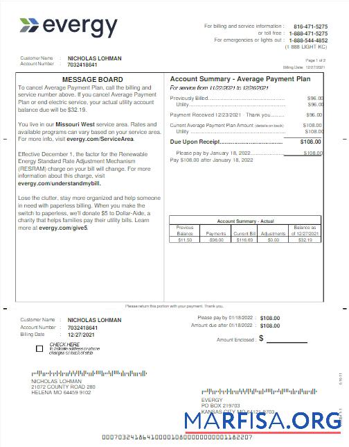 Realistic USA EVERGY utility bill Word and PDF template